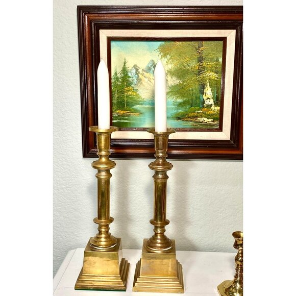 Vintage 12 Inch Brass Candles Holders Pair Heavy Base 1970s - Picture 3 of 9